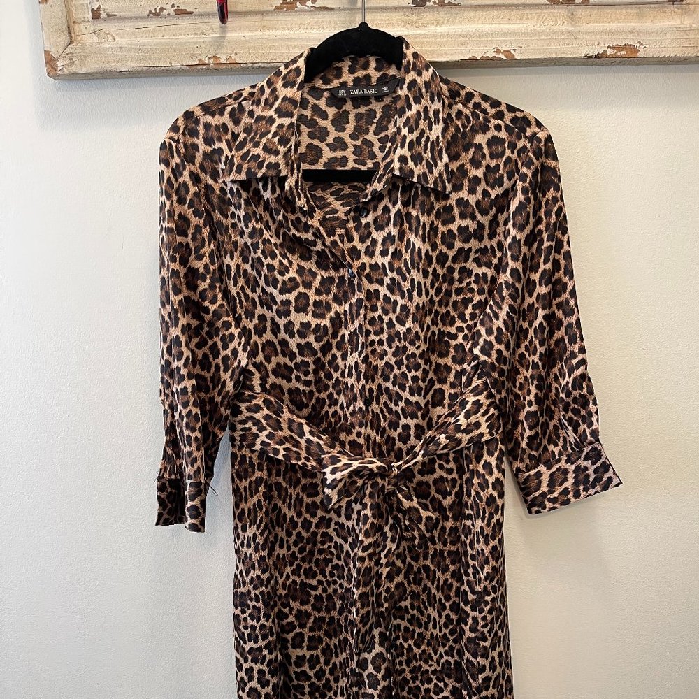 ZARA Leopard Print Tie Front Button Shirt Dress Size Medium in Brown and Black